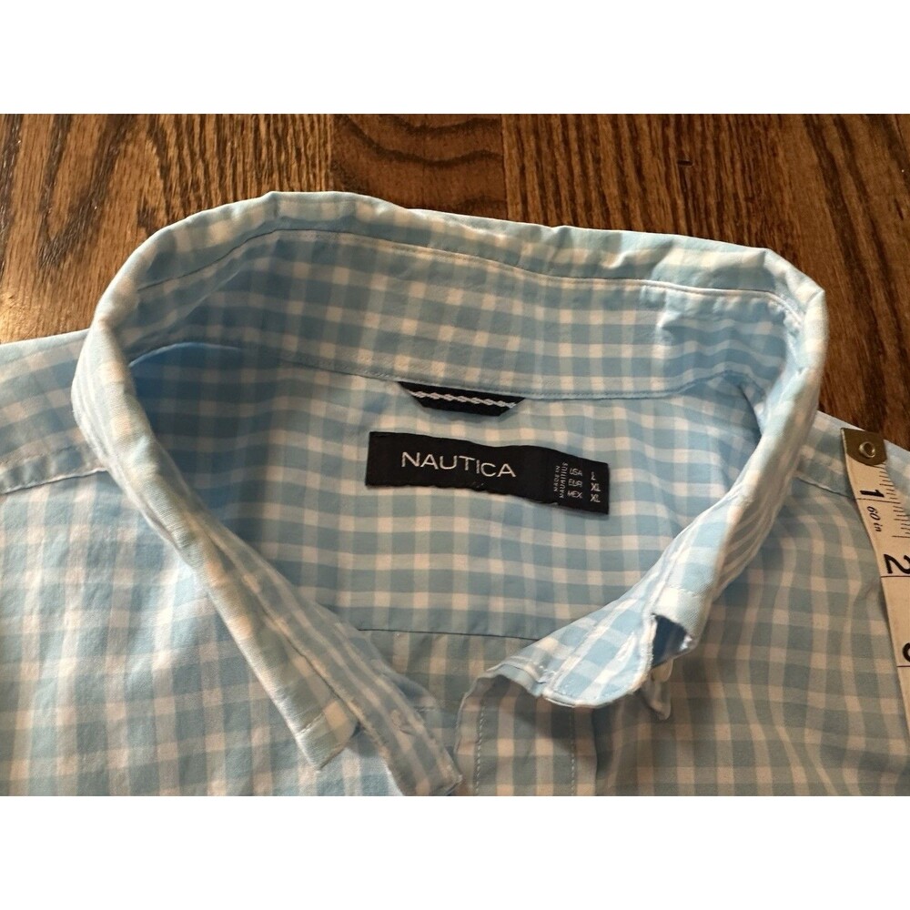 Nautica Classic Fit Button Down Shirt Light Blue White Check Mens L 100% Cotton - Picture 9 of 9